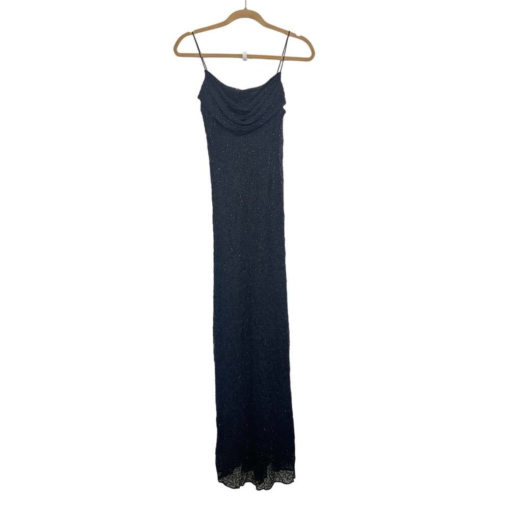Vtg 90s Marina Black Beaded Cowl Neck Gown XS Prom Hoco Fairy Grunge